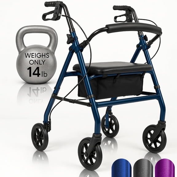 Narrow Rollator Walker with Seat Ultra Lightweight Foldable 4 Wheel Aluminum Rolling Senior Walker for Small Spaces Easy Drive Underseat Storage Blue