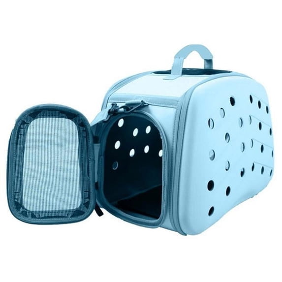 Narrow Shelled Perforated Lightweight Collapsible Military Grade Transportable Designer Pet Carrier, Light Blue - Medium