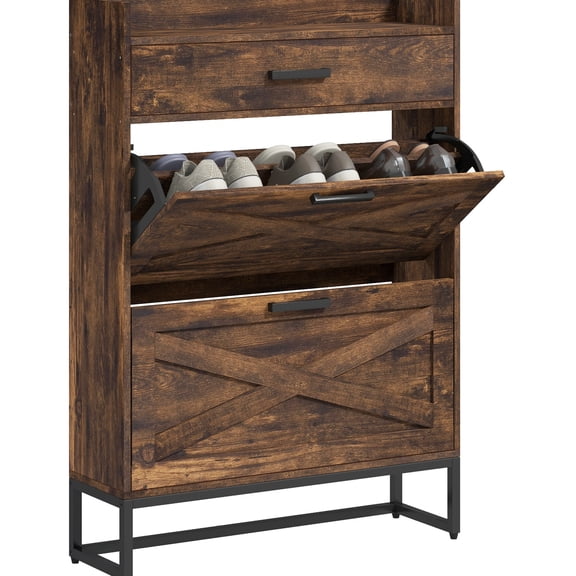 Narrow Shoe Cabinet, Brown. 2 Flip Doors & Top Drawer. Accommodates 12 Pairs Of Shoes. Space For Hallways. Particle Board Steel. Industrial . 31.5" W X 9.4" D 45.3" H. Assembly Required Cabinet With