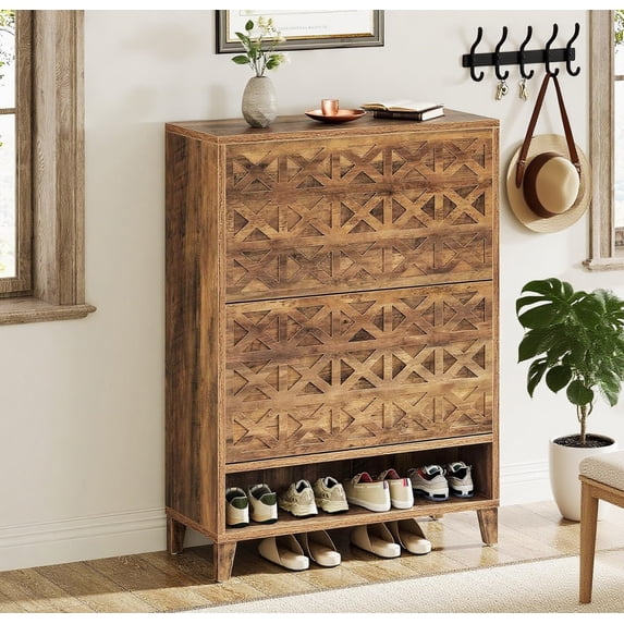 Narrow Shoe Cabinet with 2 Flip Drawers & Open Storage Shelf, Freestanding Wood Shoe Rack Organizer for Entryway