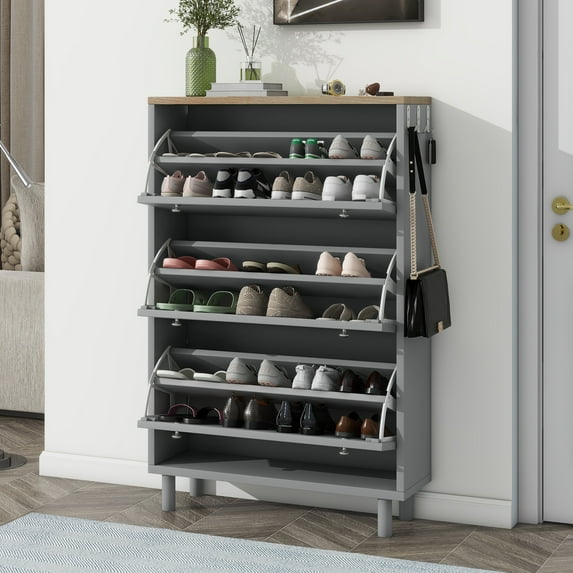 Narrow Shoe Cabinet with 3 Flip Drawers Adjustable Entryway Organizer with 3 Hooks, Free Standing Shoe Rack for Hallway