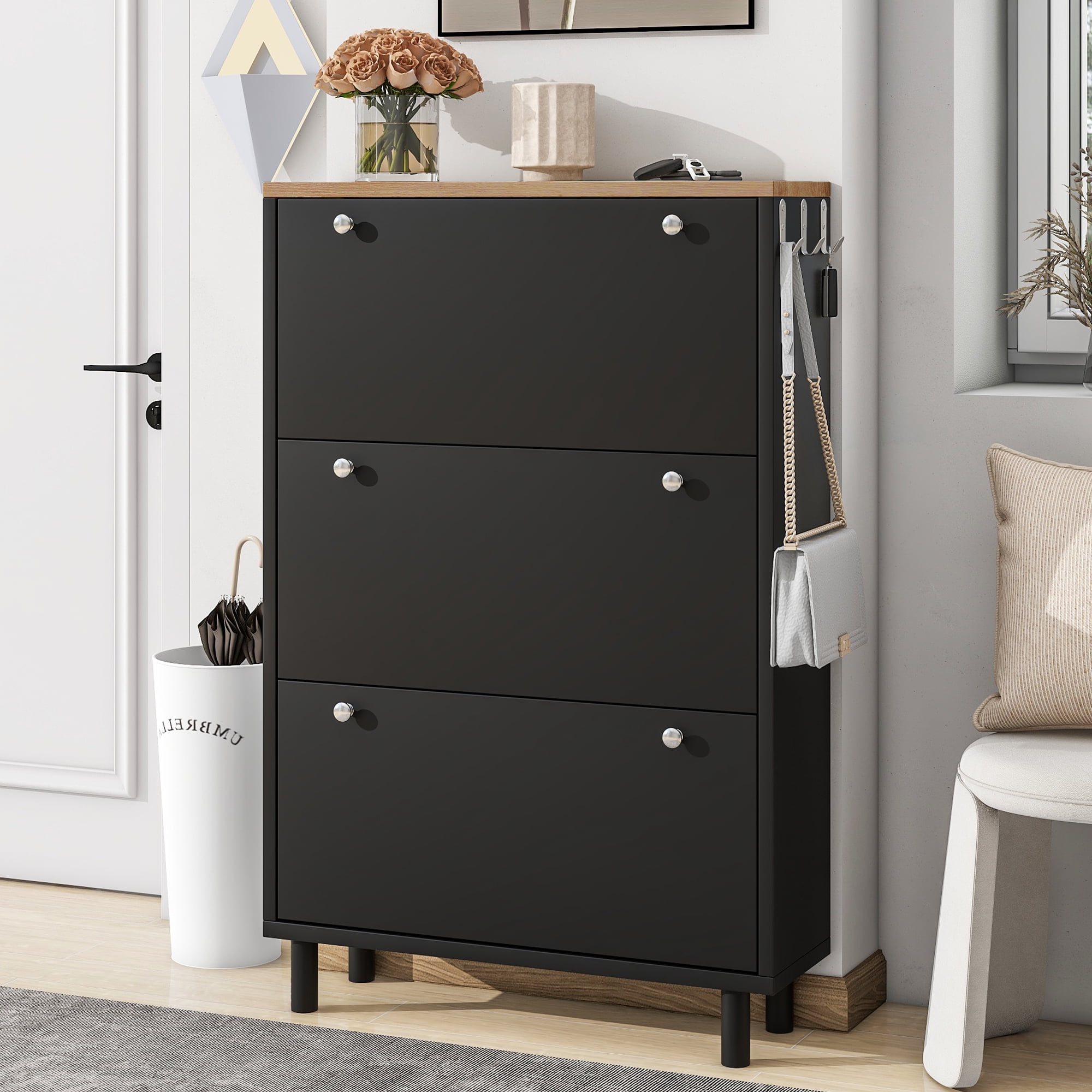 Narrow Shoe Cabinet with 3 Flip Drawers Adjustable Entryway Organizer with 3 Hooks, Free Standing Shoe Rack for Hallway