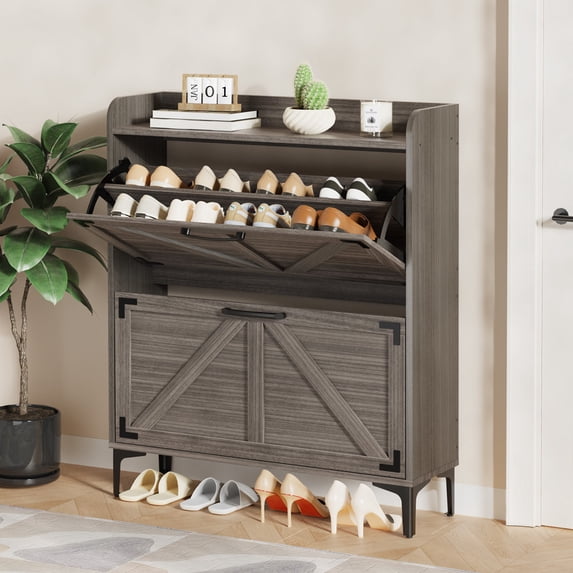 Narrow Shoe Organizer for Entryway, Slim Hidden Shoe Cabinet for Tiny Little Space, Freestanding Shoe Storage Cabinet with 2 Flip Drawers - with Open Storage for Entryway, Foyer,Hallway (Gray)