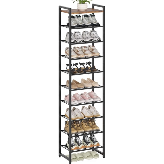Narrow Shoe Rack 10-Tier, Tall Shoe Organizer for Small Spaces | Rustic Brown and Black, Holds Up to 22 Pairs, for Closets, Entryways, Garage, Dorm Rooms, Reinforced Wire Shelves, Wood Top
