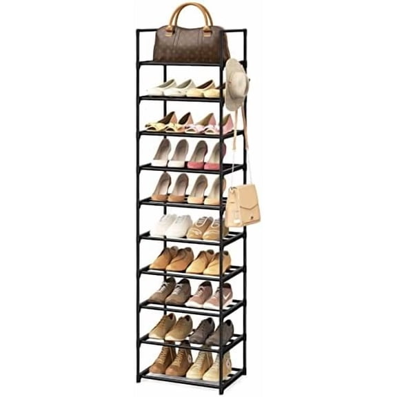 Narrow Shoe Rack 10 Tiers Tall Shoe Rack for Entryway 20 24 Pairs Shoe & Boots Organizer Storage Shelf Durable Black Metal Stackable Shoe Cabinet with Hooks, 17.1D x 11.8W x 78.7H in