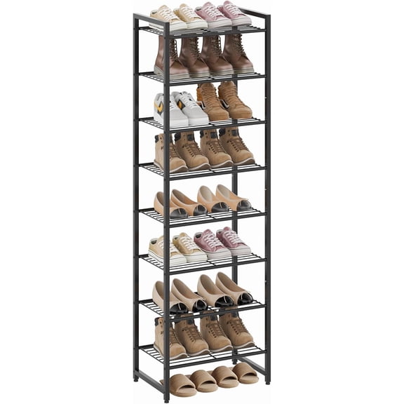 Narrow Shoe Rack, 8-Tier Metal Organizer,Tall Shelf with Anti-Tip Strap, Max Holds 18 Pairs,Space Saving for Closet,Entryway,Black