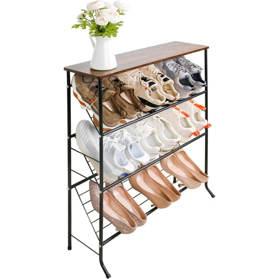 Narrow Shoe Rack for Front Door Entrance,4-Tier Shoes Rack Storage Organizer with 3 Slanted Shelves and Top Shelf for Entryway,Skinny Space Saving Shoe Rack, Black