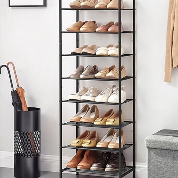 Narrow Shoe Rack, Sturdy 8 Tier Metal Tall Shoe Rack Shelf, Slim Shoe Storage Organizer for Closet Entryway Small Spaces, Vertical Shoe Stand Tower for 18 Pairs Shoes, Easy Assembly, Black