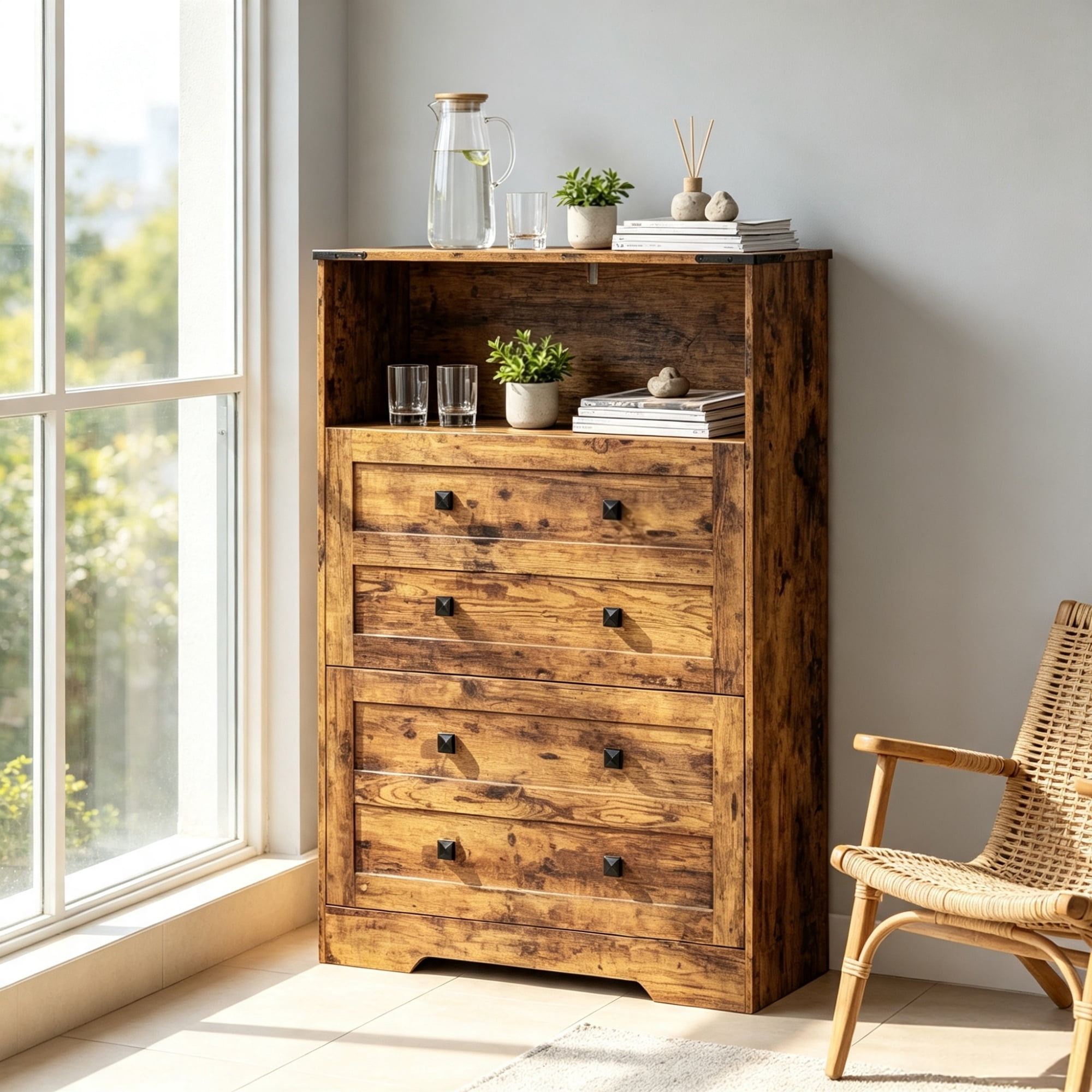 Narrow Shoe Storage Cabinet, 2 Flip Drawers Design, Space-Saving Shoe Rack, Rustic Brown