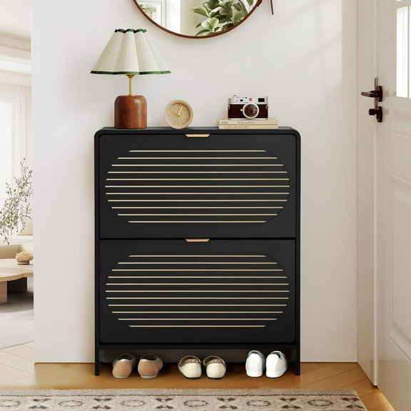 Narrow Shoe Storage Cabinet for Entryway with 2 Flip Drawers, Curved Edge Shoe Cabinet with Arched Stripe Panel, Freestanding Wood Shoe Organizer Closed Shoe Rack for Hallway, Foyer (Black)