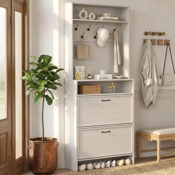 Narrow Shoe Storage Cabinet, Entryway Hall Tree with 2 Flip Drawers, Adjustable Shelves, 7 Hooks and Open Shelf, 31.5 x 9.4 x 70.9 inWhite