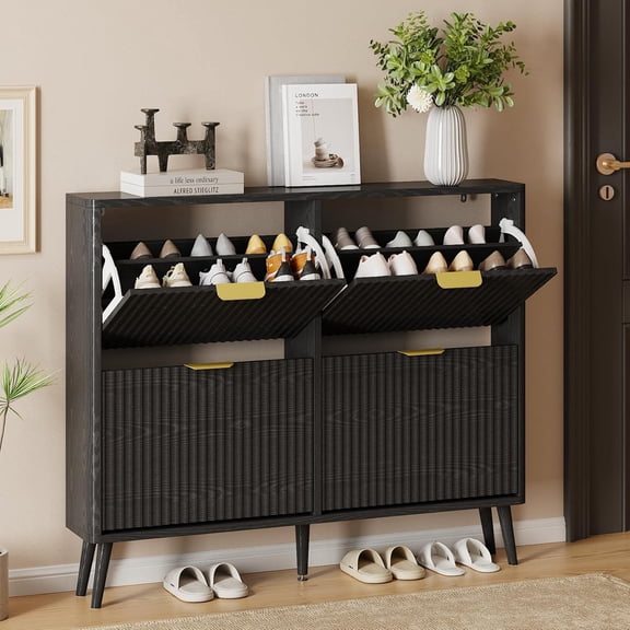 Narrow Shoe Storage Cabinet, Freestanding Shoe Cabinet Organizer for Entryway, Hallway (4 Flip, Black)