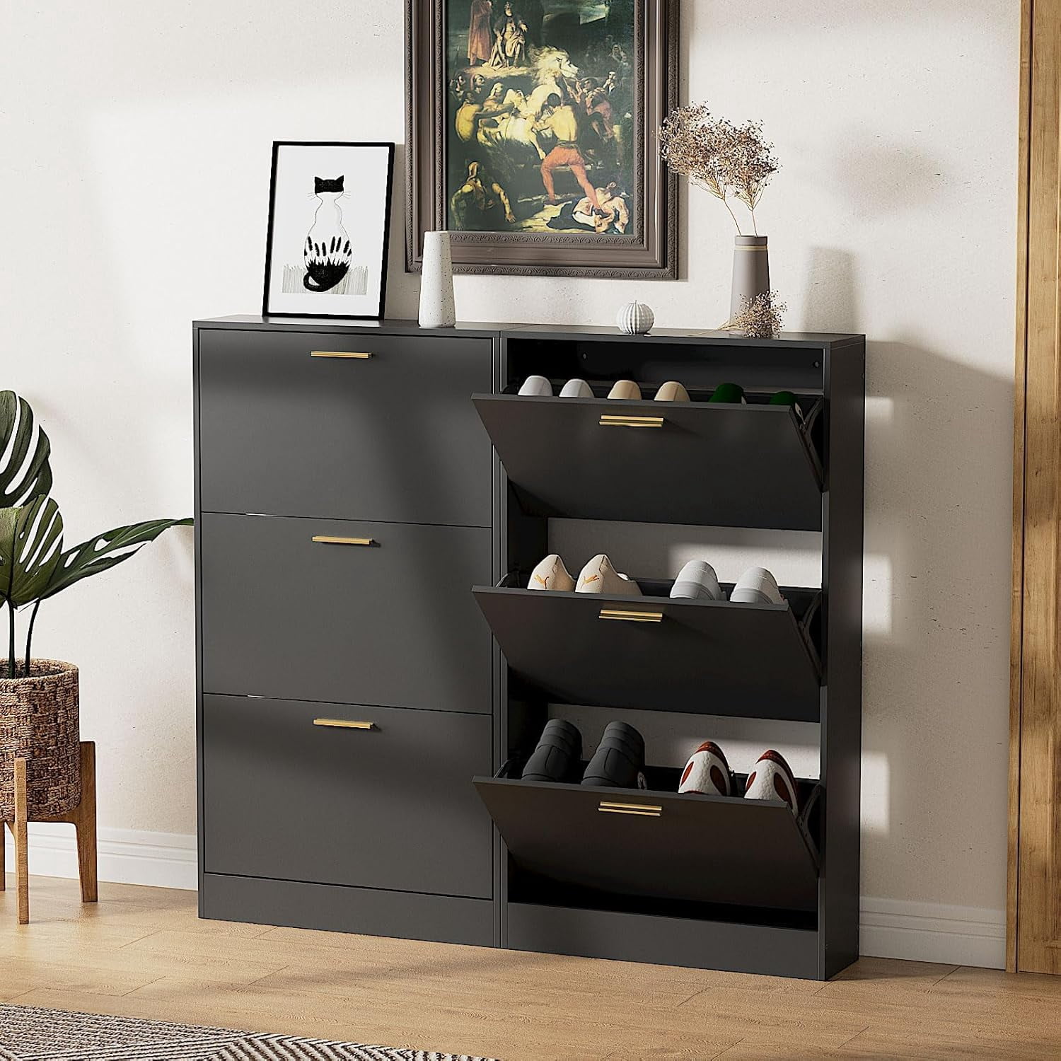 Image showcasing Narrow Shoe Storage Cabinet Set of 2, 3 Flip Drawer Shoe Cabinet for ...