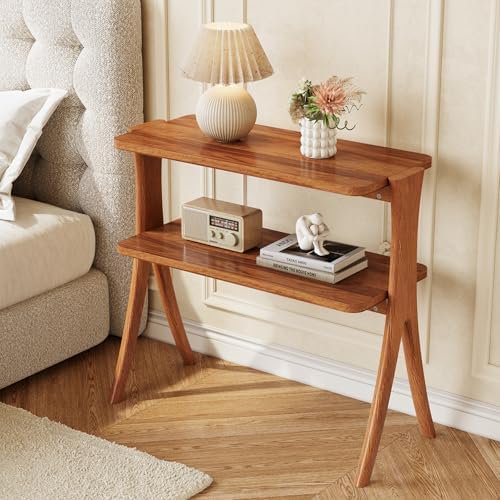 Narrow Side Table, 2-Tier Farmhouse End Table with Solid Wood Legs, Small Side Table, Space-Saver for Living Room, Bedroom, Entryway (Walnut)