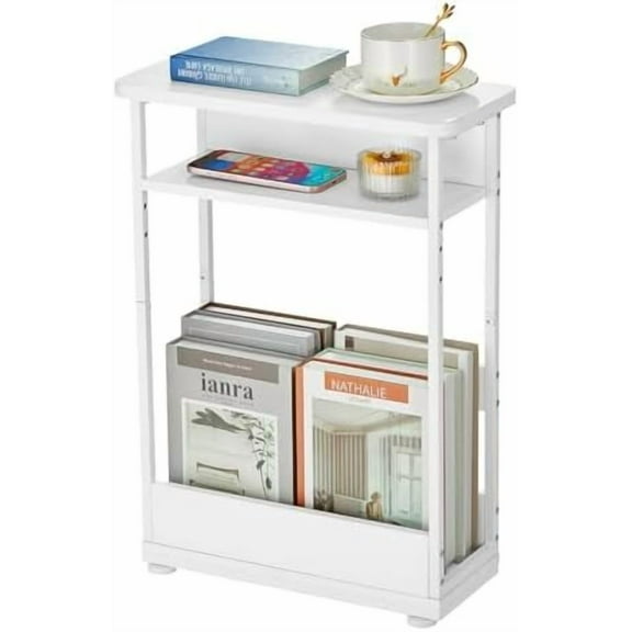 Narrow Side Table,3-Tier Slim End Table with Storage Shelf,Modern Sofa Table Thin Side Table for Narrow and Small Spaces, Skinny Bedside Table Small Nightstand with Magazine Rack Space Saving/White