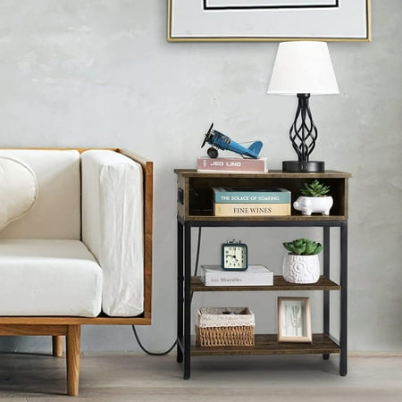 Narrow Side Table 3Tier Bedroom Nightstand USB End Tables with USB Port & Outlet