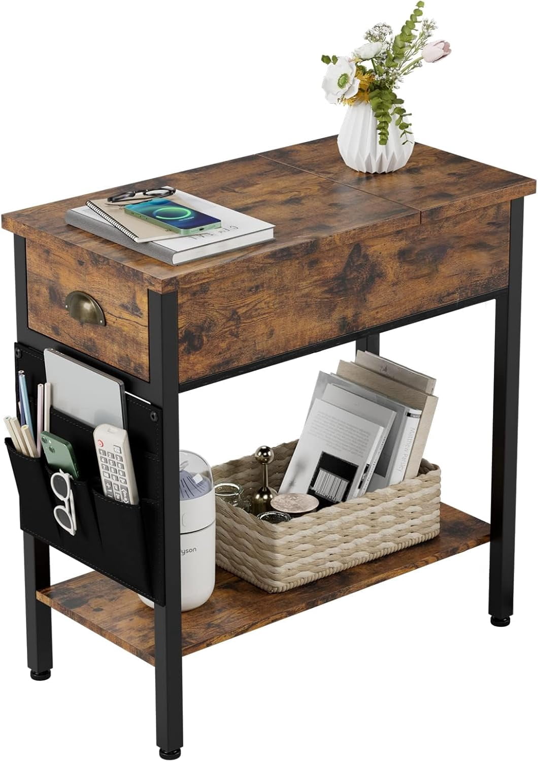 Narrow Side Table,Bedside Tables with Drawer and Storage Shelves ...