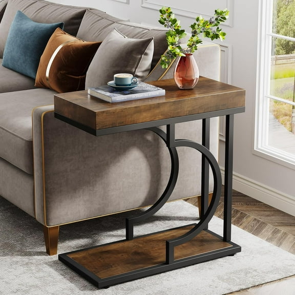 Narrow Side Table Brown Balack C Shaped End Table Modern Bedside Tables for Couch, Small Sofa Tables with Metal Frame for Living Room (1, Brown+Black)