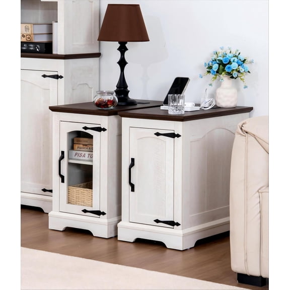 Narrow Side Table with Charging Station,13.8" W End Table with Storage for Sofa Couch or Bed Side with Outlets & USB Ports, Farmhouse Nightstand for Bedroom Livingroom (Glass,White & Walnut)