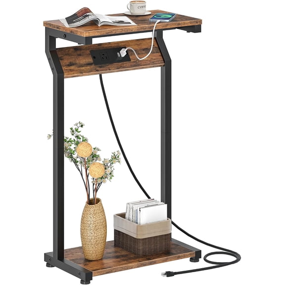 Narrow Side Table with Charging Station, 27" Skinny End Table for Small Spaces, Couch Table with Storage, Slim Tray Table with USB Ports, for Living Room, Bedroom, Rustic Brown