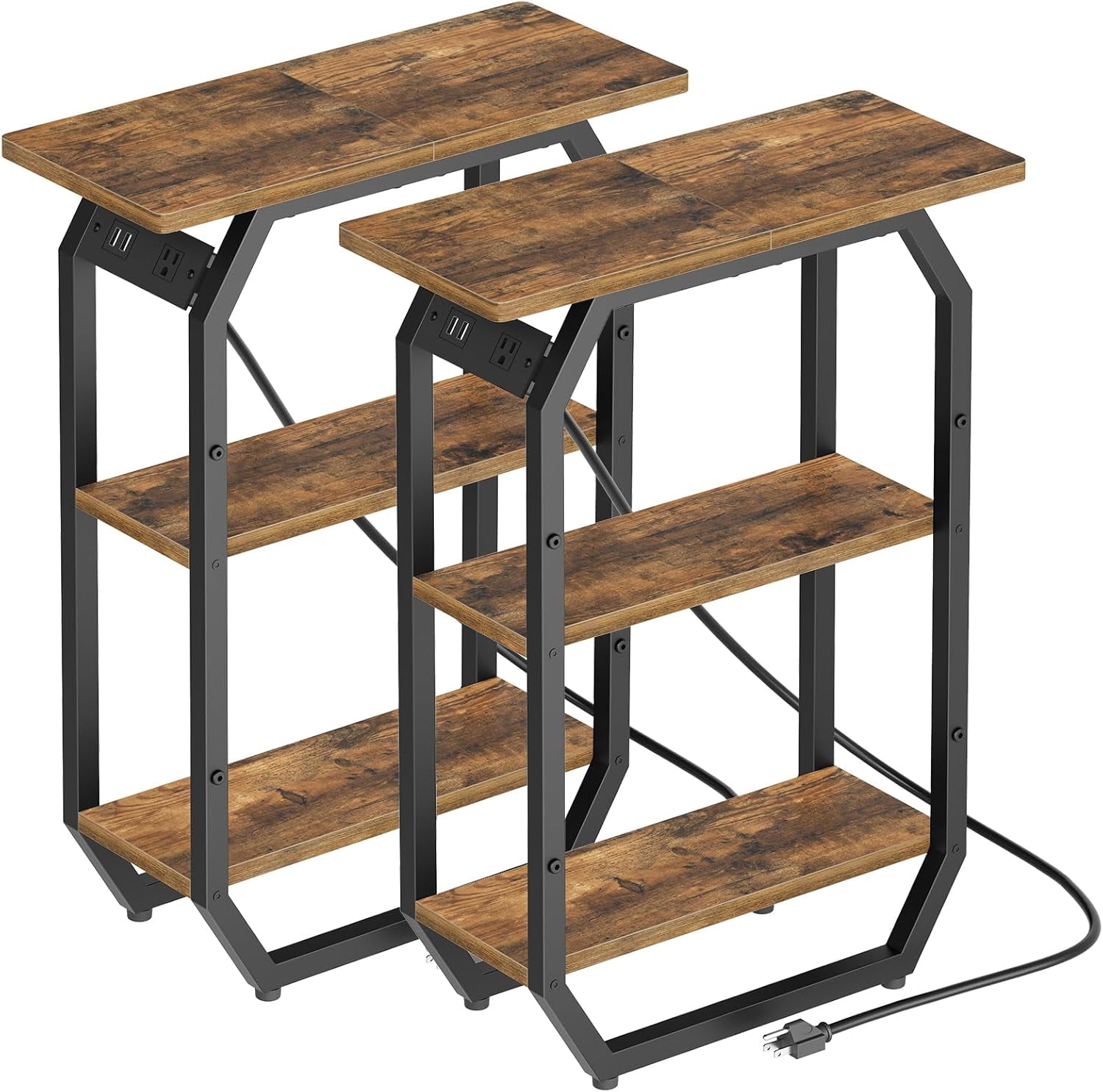 Narrow Side Table with Charging Station, 3-Tie Skinny End Table Set of ...