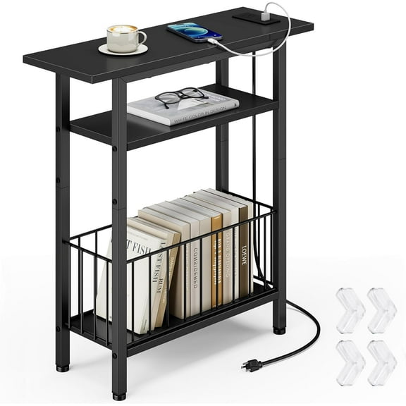 Narrow Side Table with Charging Station, 3-Tier Skinny Side End Table for Couch, Small End Tables for Small Spaces, 25.2" Tall Slim Nightstand Bedside Table for Living Room, Bedroom, Black