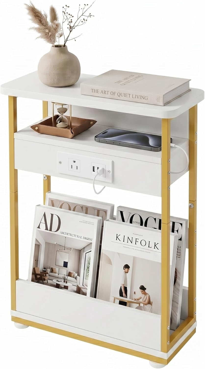 Narrow Side Table with Charging Station, 3 Tier Slim End Table with ...