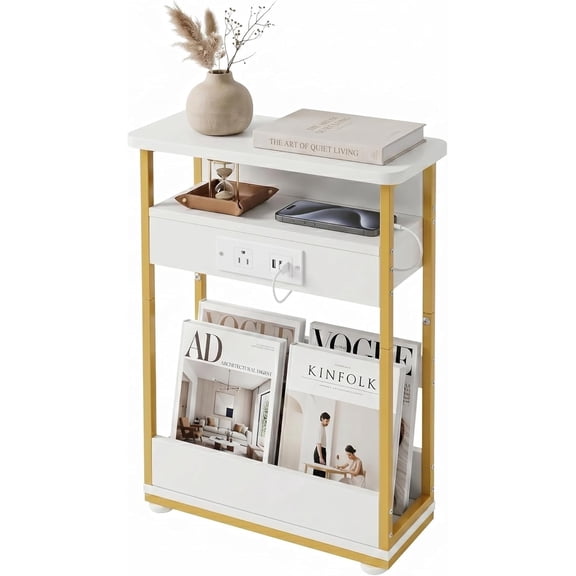 Narrow Side Table with Charging Station, 3 Tier Slim End Table with Storage Shelf for Small Spaces, 21.6 Inch Height Thin Tables Small Nightstand Magazine Rack for Living Room, White+Gold