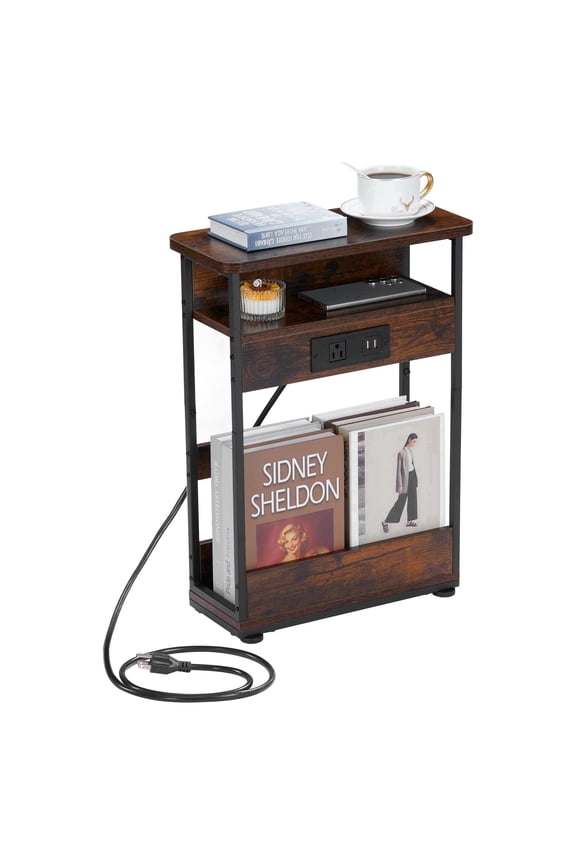 Narrow Side Table with Charging Station, 3 Tier Slim End Table with Storage Shelf for Small Spaces, 21.6 Inch Height Thin Tables Small Nightstand Magazine Rack for Living Room,Brown