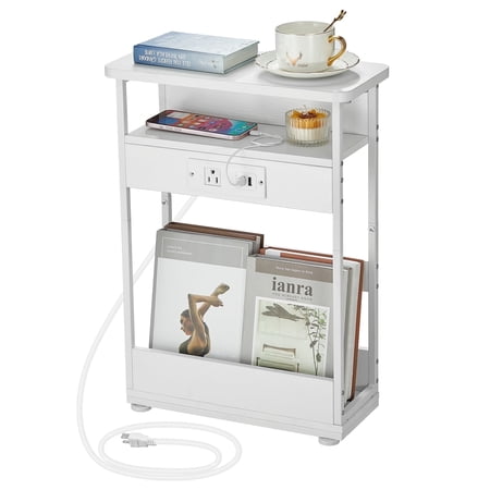 ZEXVIDA Narrow Side Table with Charging Station, 3 Tier Slim End Table with Storage Shelf for Small Spaces, 21.6 Inch Height Thin Tables Small Nightstand Magazine Rack for Living Room, White