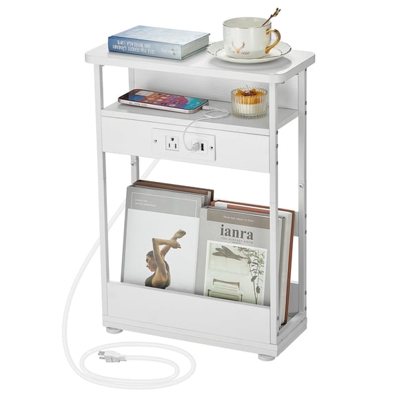 ZEXVIDA Narrow Side Table with Charging Station, 3 Tier Slim End Table with Storage Shelf for Small Spaces, 21.6 Inch Height Thin Tables Small Nightstand Magazine Rack for Living Room, White