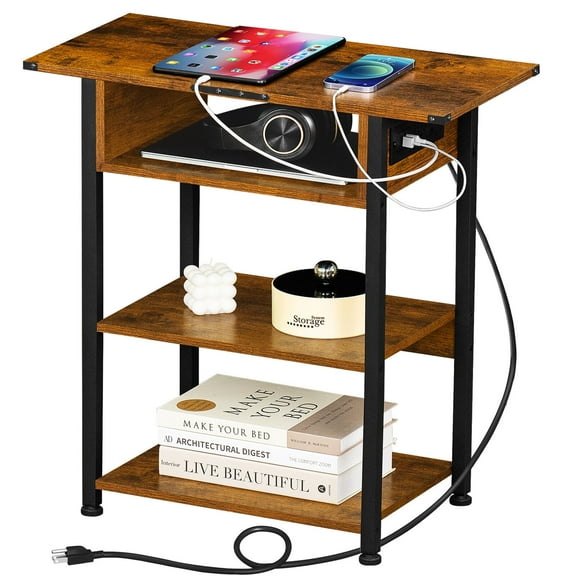 Narrow Side Table with Charging Station, 4 Tier Slim End Table with Storage Shelf for Small Spaces, 24.76 Inch Height Thin Tables Small Nightstand Magazine Rack for Living Room, Brown