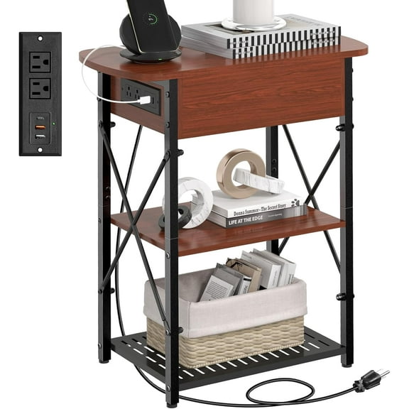Narrow Side Table with Charging Station, End Table with 3 USB Ports and 2 AC Outlets, Flip Top End Table with Storage, End Tables Living Room, Nightstand with Drawer for Bedroom, Cherry