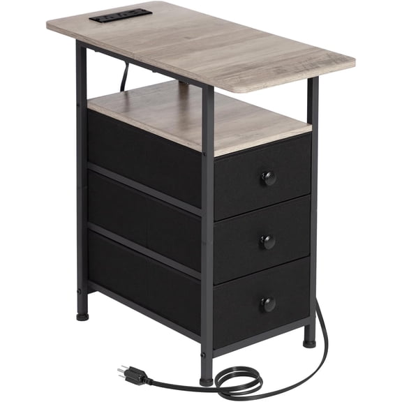 Narrow Side Table with Charging Station, Slim End Table with USB Ports and Outlets, Nightstand with 3 Fabric Drawers for Bedroom, Living Room, Small Space, Greige