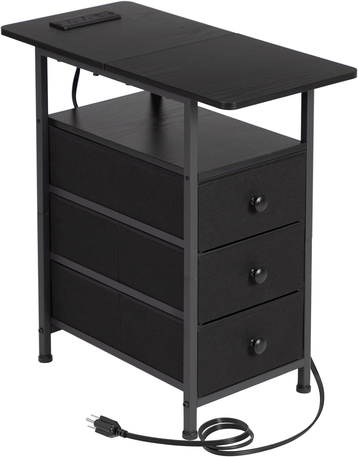 Black Slim Metal and Fabric Side Table with USB Charging Station