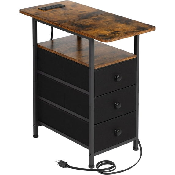 Narrow Side Table with Charging Station, Slim End Table with USB Ports and Outlets, Nightstand with 3 Fabric Drawers for Bedroom, Living Room, Small Space, Rustic Brown