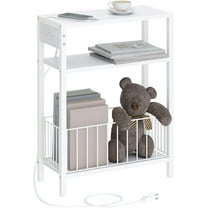 Narrow Side Table with Charging Station, Small End Table for Small Spaces, Slim Nightstand with Storage Basket, 3 Tier Skinny Bedside Table for Living Room, Bedroom, White