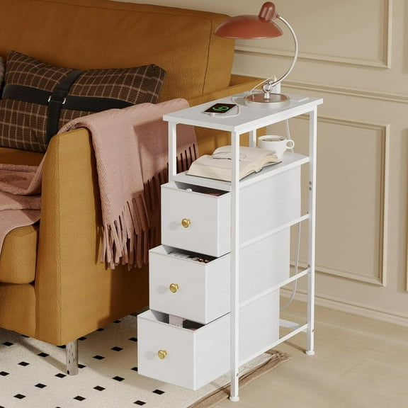 Narrow Side Table with Charging Station, Small Nightstand with 3 Fabric Drawers, Skinny Bedside Table, Slim End Table for Bedroom, Dorm, Small Spaces, White