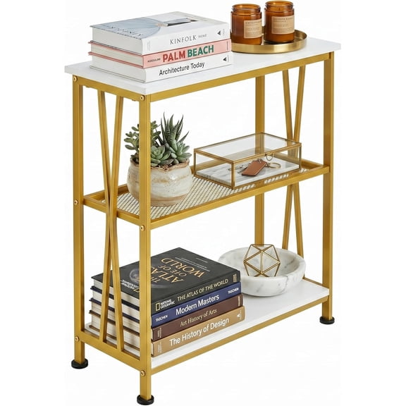 Narrow Side Table, End Table with 3 Tier Storage Shelves, Industrial Rustic Accent Skiny End Tables for Small Spaces, Slim Couch Beside Table, Small Hallway Table for Living Room (White+Gold)