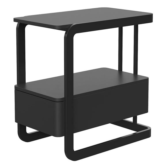 Narrow Side Table, End Table with Drawer& Storage Shelves, Modern Sofa Couch Table Curved Bedside Table for Living Room Bedroom, Narrow Nightstand with Thickening Iron Shelves for Small Space, Black