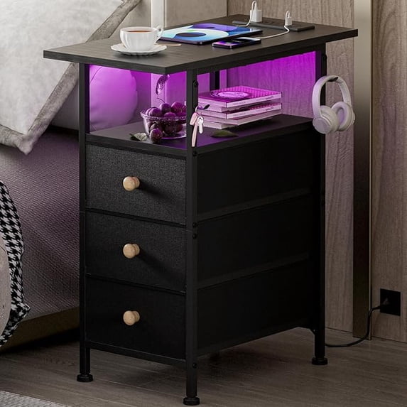 Narrow Side Table with Fabric Drawers and Shelf, Skinny Nightstand for Small Spaces, End Table with Charging Station, Slim Bedside Table, LED Light , for Bedroom, Living Room, Black