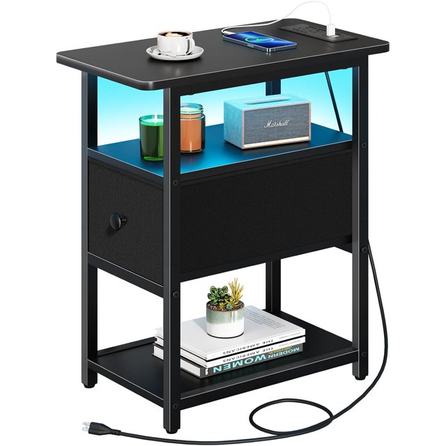 Narrow Side Table, LED Night Stand with Charging Station End Table, 3