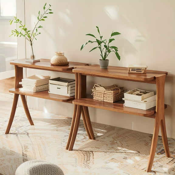 Narrow Side Table for Living Room, Farmhouse End Table with 2-Tier Storage Shelf and Solid Wood Legs, Slim Tall Bedside Table Nightstand for Bedroom, Small Spaces, Entryway, Walnut (1)