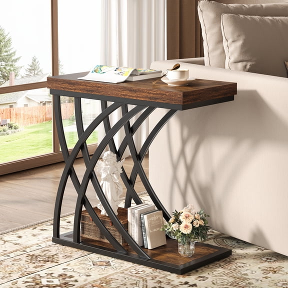 Narrow Side Table for Livingroom, C Shaped End Table for Couch, Modern Bedside Tables, Small Sofa Tables for Small Spaces, Living Room Bedroom (1, Brown)