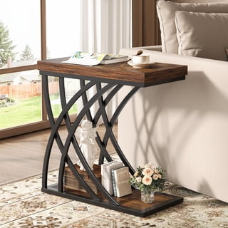 Narrow Side Table for Livingroom, C Shaped End Table for Couch, Modern Bedside Tables, Small Sofa Tables for Small Spaces, Living Room Bedroom (1, Brown)