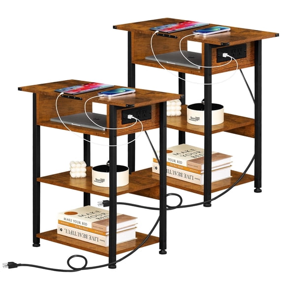 Narrow Side Table Set of 2 with Charging Station, Rustic Maple End Table with 3 Shelves Farmhouse Nightstand with 3-tier Storage Space Bedside table for Bedroom Living Room,Brown