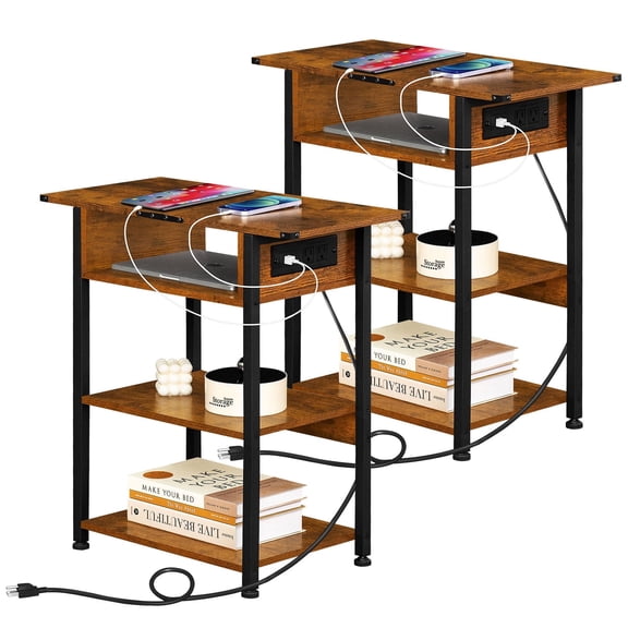 Narrow Side Table Set of 2 with Charging Station, Rustic Maple End Table with 3 Shelves Farmhouse Nightstand with 3-tier Storage Space Bedside table for Bedroom Living Room,Brown