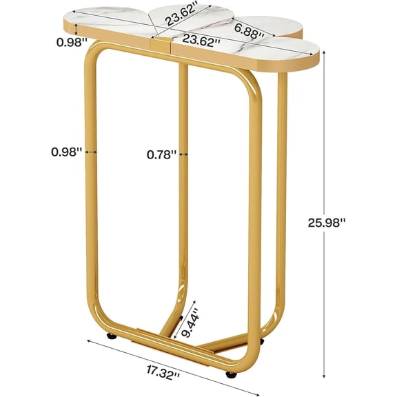 Narrow Side Table Set of 2, Half-Flower Accent Side Table with Stylish Gold Frame, White and Gold End Tables, 26-Inch Tall Faux Marble Nightstand for Bedroom