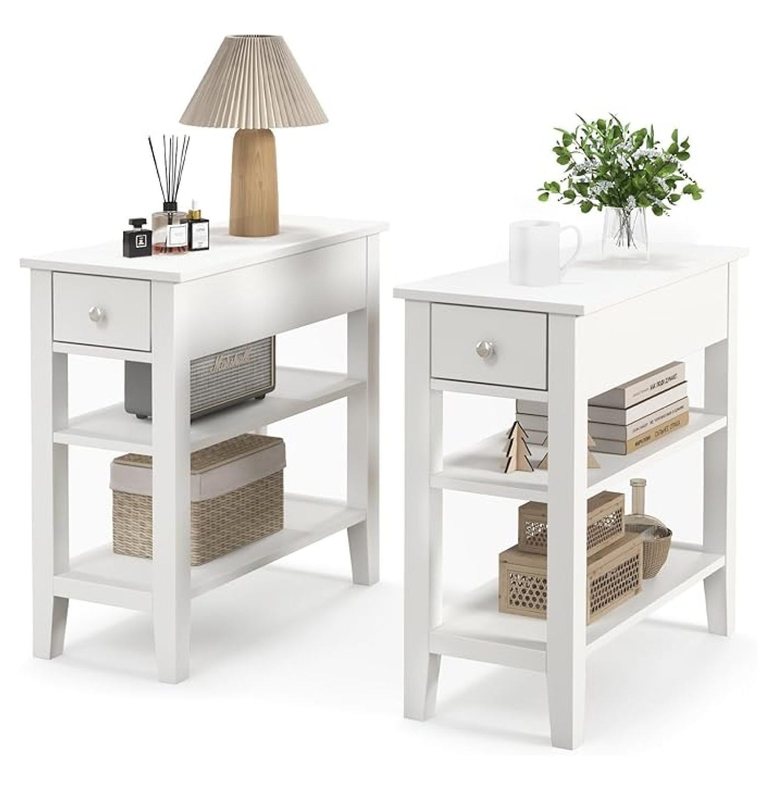Narrow Side Table Set of 2, Modern Nightstand with Drawers & Shelves ...