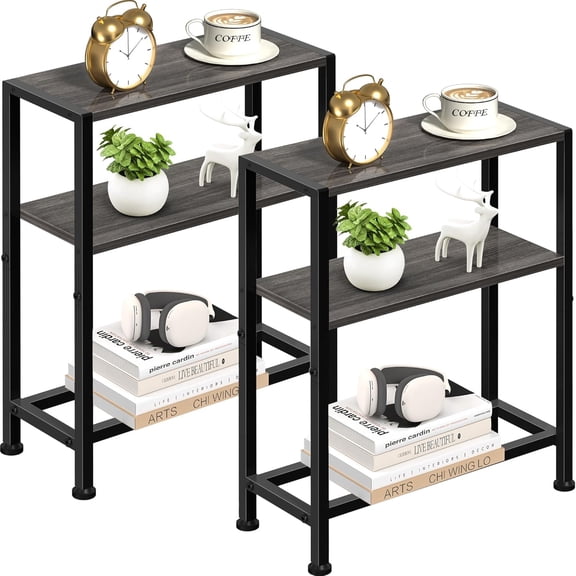 Narrow Side Table Set of 2 for Small Space, 2-Tier Small End Table with Shelf Holder, Slim Nightstand, Skinny Snack Couch Table in Living Room, Bedroom, Study, Kitchen and Balcony (Grey)